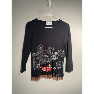 Vintage LizziLu Beaded Cityscape Painted Top Eclectic Novelty 90s Y2K